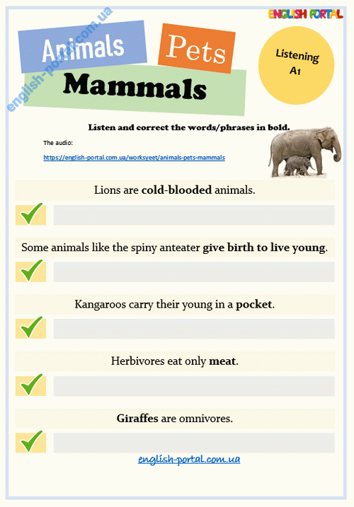 Download Animals/Pets - Mammals Worksheet