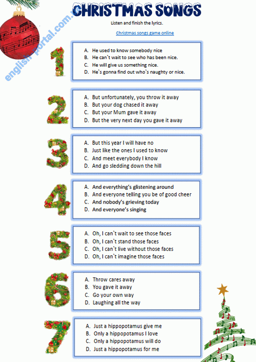 Download Christmas Songs Game Worksheet keys .pdf