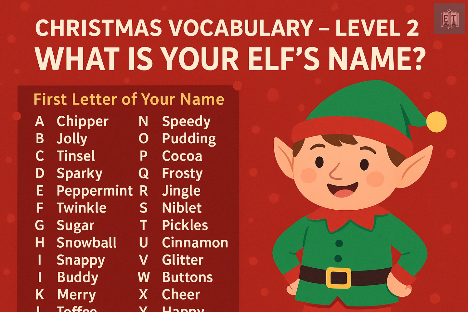 Christmas Vocabulary – Level 2 – What Is Your Elf’s Name?