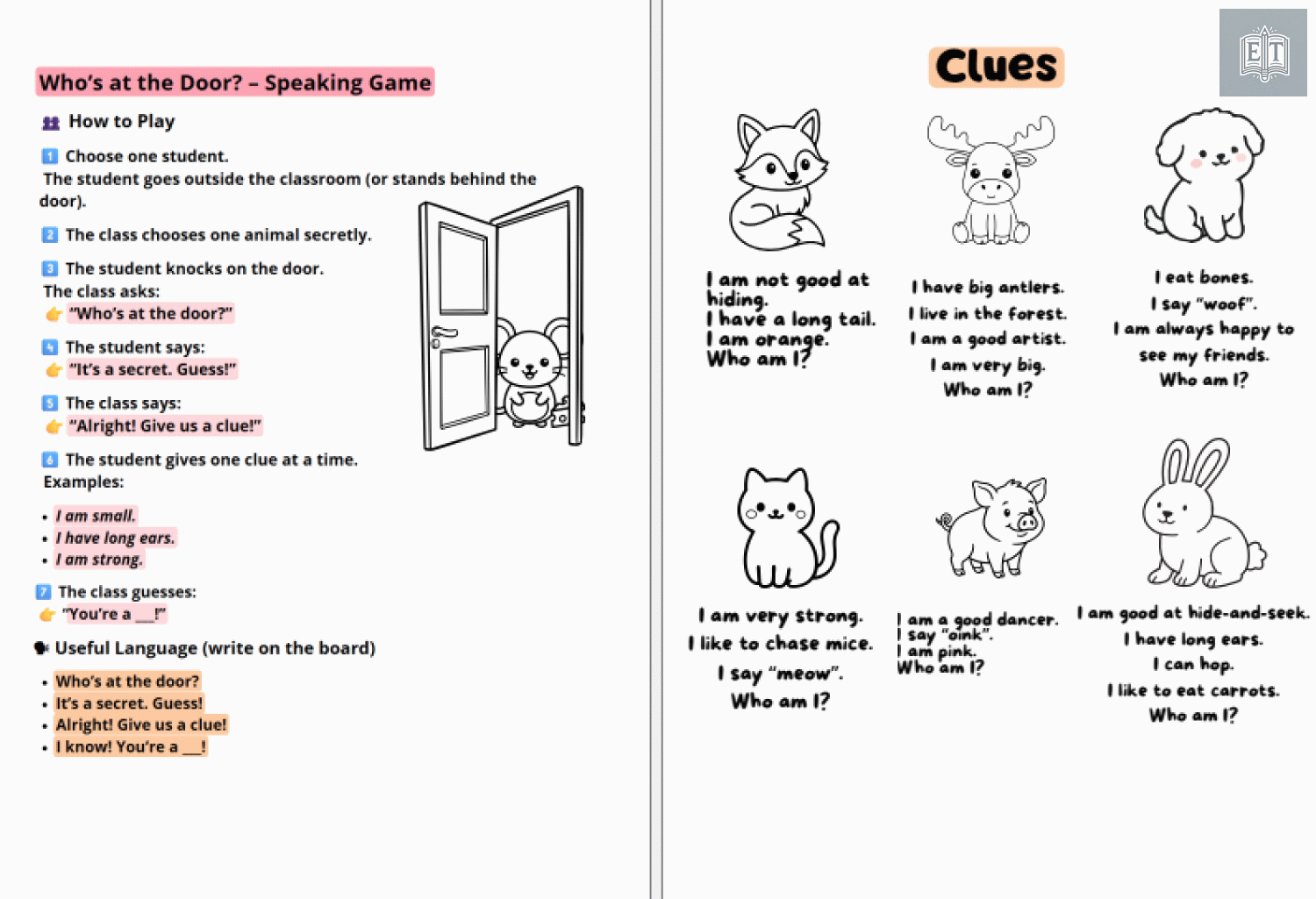Who’s at the Door? Speaking Game Worksheet | ESL Classroom Activity