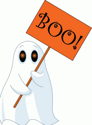 A ghost with a Boo sign