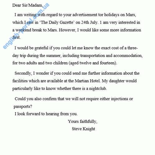 Download Sample Letter - Requesting Information About Holidays