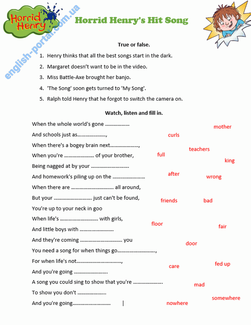 Download Horrid Henry`s Hit Song Worksheet