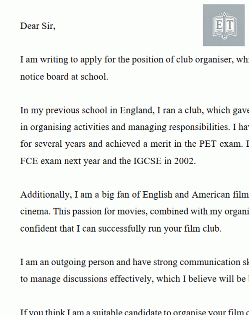 Letter of Application: Apply for the Job of Club Organiser