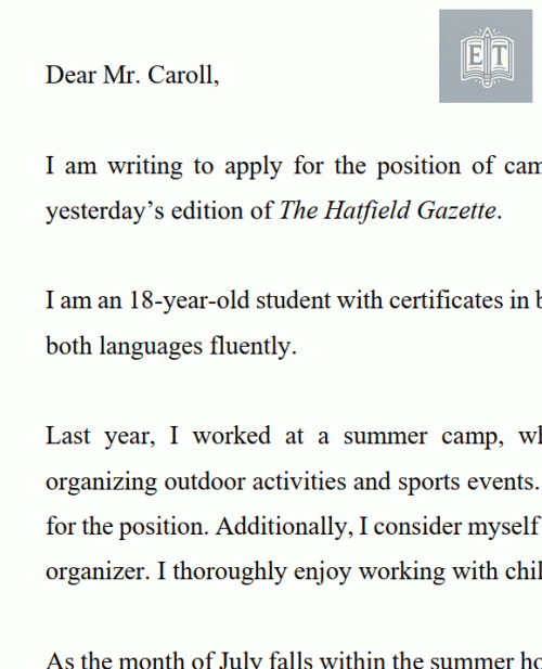 Letter of Application: Apply for the Position of Camp Helper