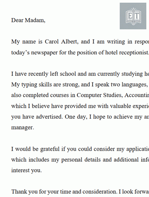 Letter of Application: Apply for the Position of Hotel Receptionist