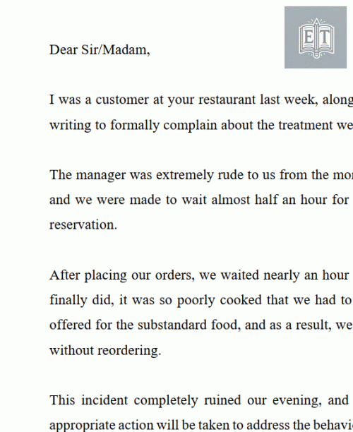 Letter of Complaint: About Poor Service