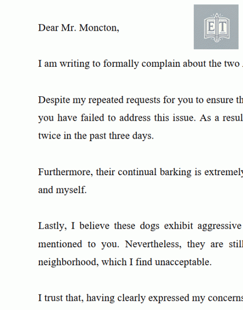 Letter of Complaint: To a Neighbor