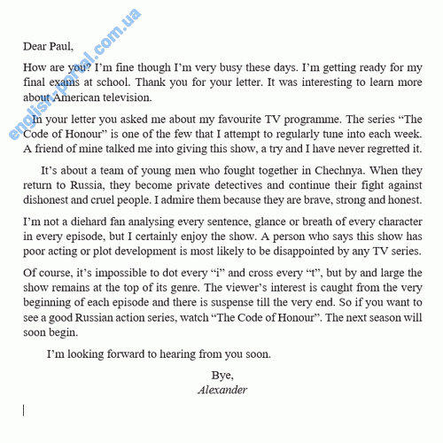 Informal Letter to a Friend: About Your Favourite TV Programme