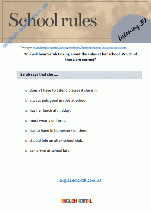 Download Listening B1 School: Rules at School Worksheet