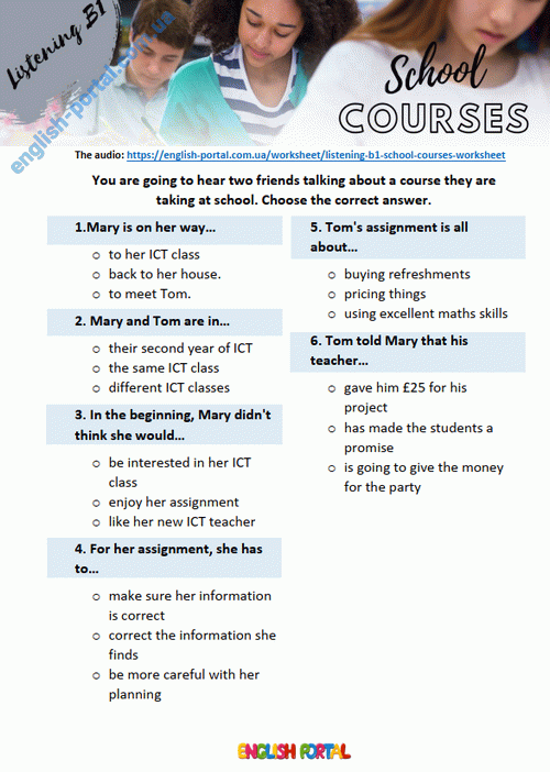 Download Listening B1 School: School Courses Worksheet