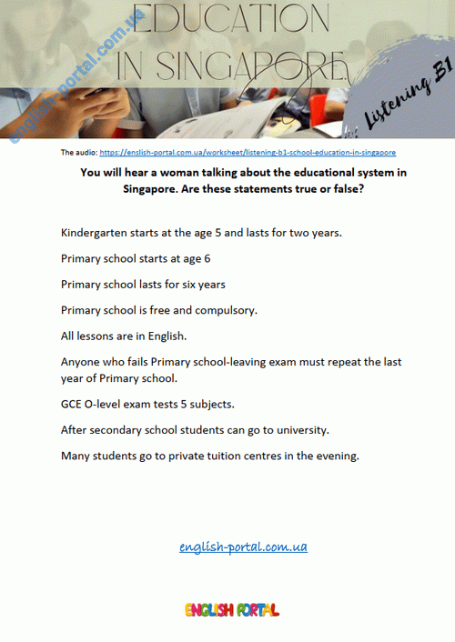 Download Listening B1 School: Education in Singapore Worksheet