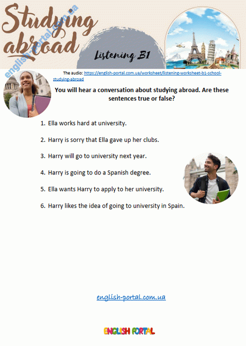 Download Listening B1 School: Studying Abroad Worksheet