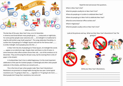 Download New Year`s Eve and New Year`s Resolutions Worksheet