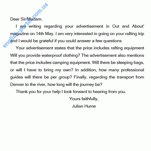 Download Sample Letter - Requesting Information About Rafting Trip