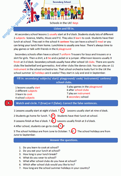 Download Schools in the United Kingdom Worksheet keys .pdf