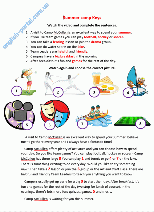 Download Summer Camp Worksheet Keys