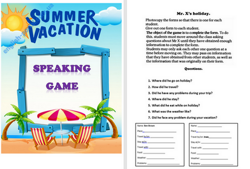 Summer Vacation Speaking Game Worksheet