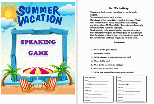 Download Summer Vacation Speaking Game Worksheet