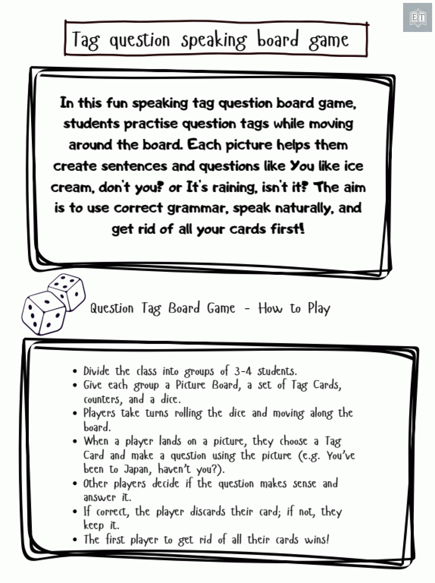 Tag Question Speaking Board Game | ESL Grammar and Conversation Practice