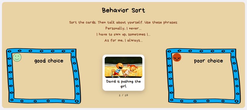 Behavior Sort: a card “David is chewing gum” between the boxes “good choice” and “poor choice”