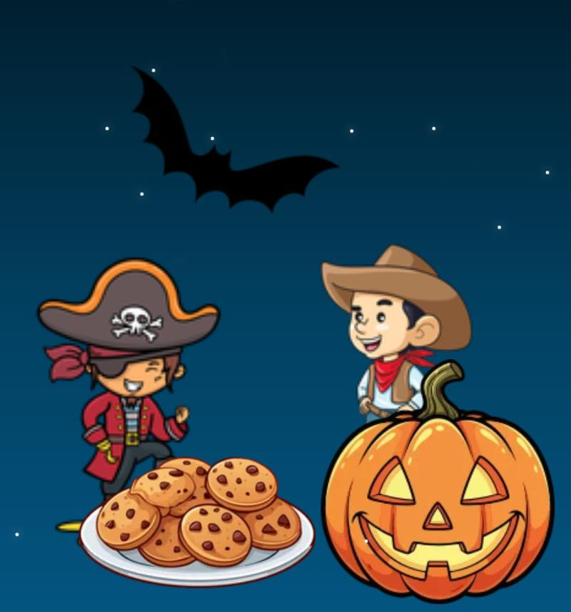 Picture: jack-o-lantern, pirate, cookies, bat, cowboy