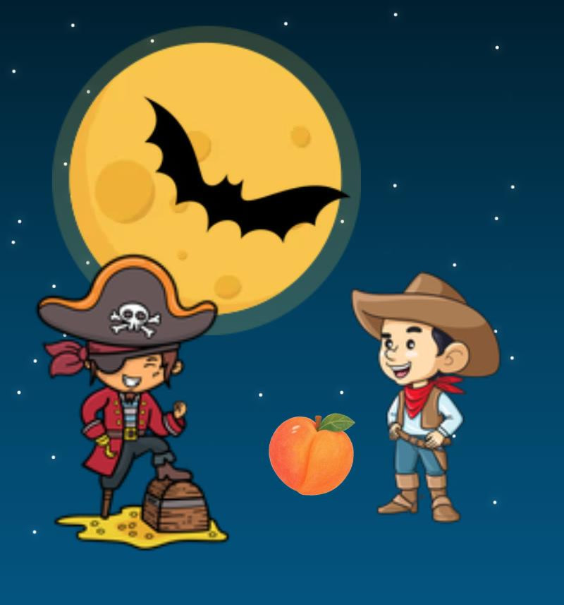 Picture: pirate, peach, bat, cowboy, moon