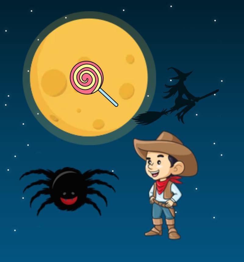 Picture: witch, spider, lollipop, cowboy, moon