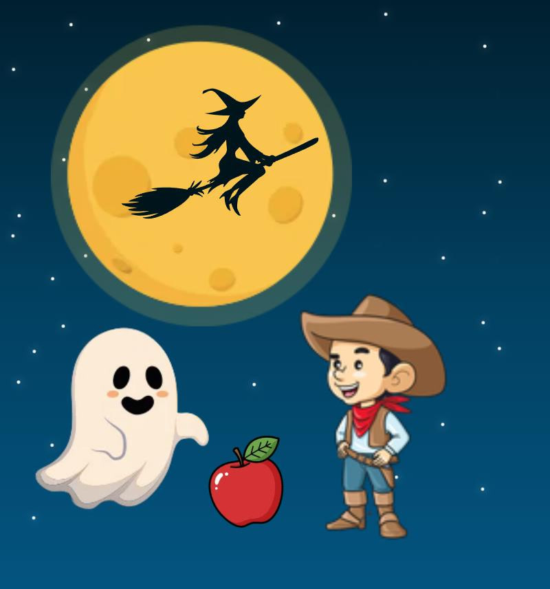 Picture: witch, apple, ghost, cowboy, moon