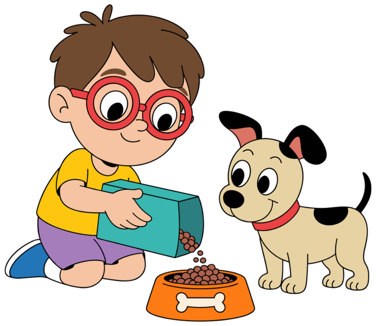 A boy feeding the dog