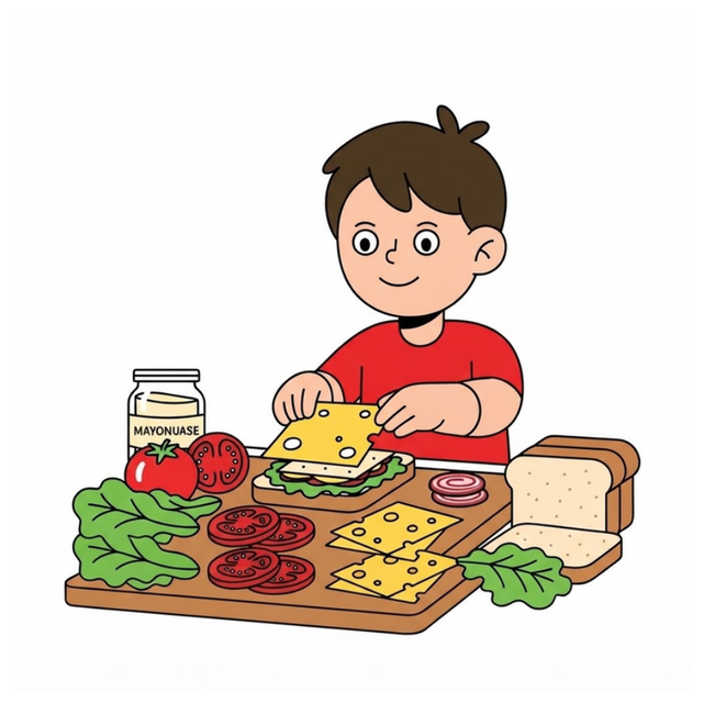 A boy making sandwiches