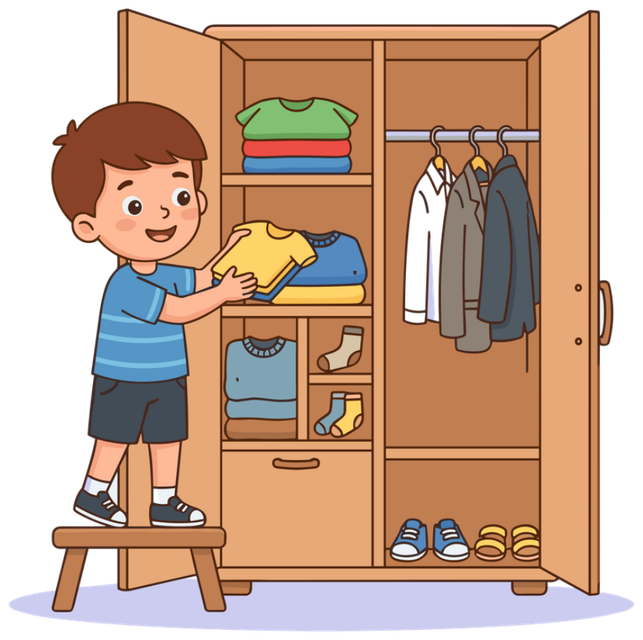 A boy putting away clothes