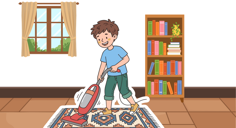 A boy vacuuming his room