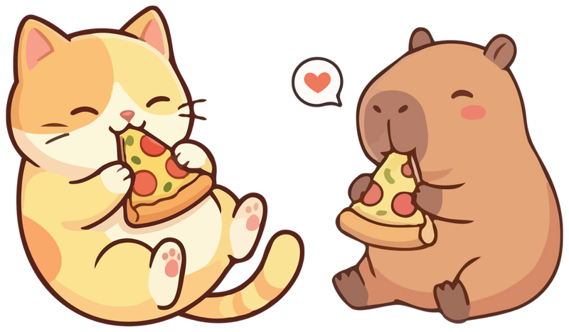 A cat and a capybara eating pizza
