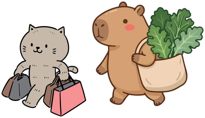 A cat and a capybara with shopping bags