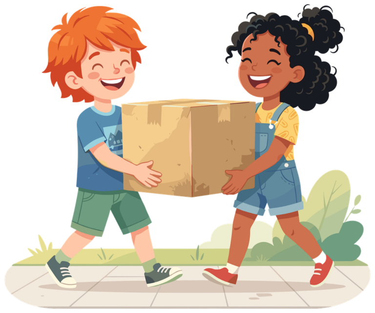 Two children carrying a box