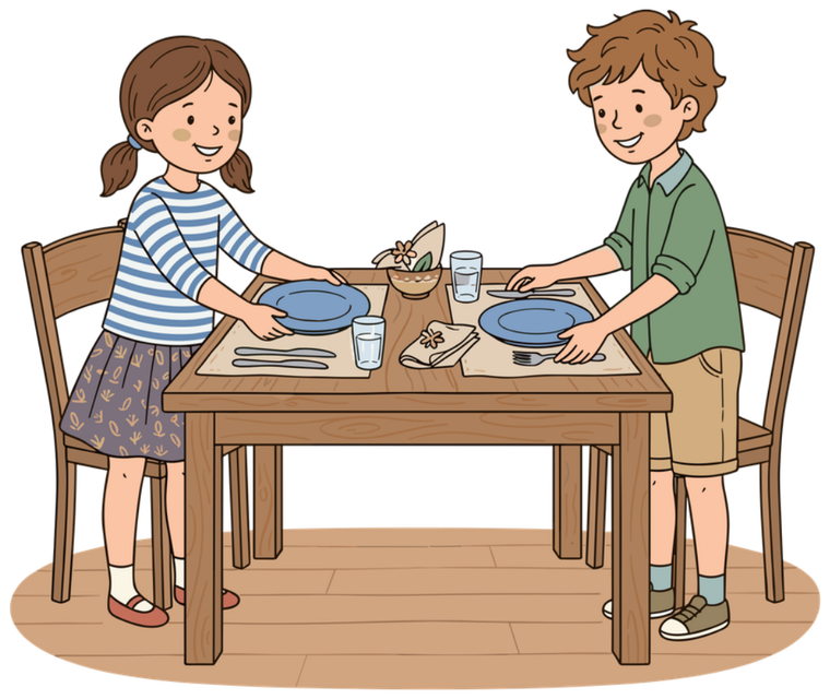 Two children setting the table
