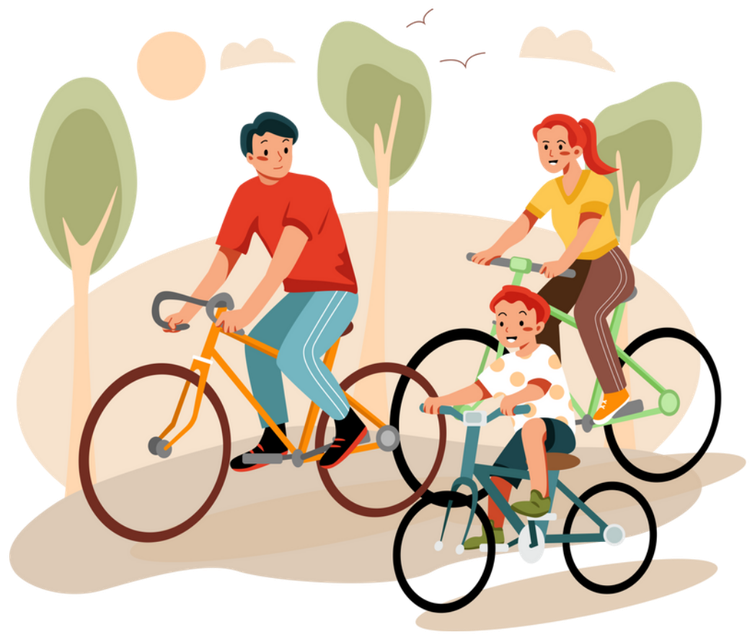 A family riding bikes