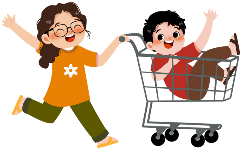A woman pushing a boy in a shopping cart